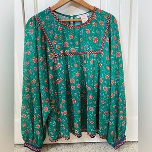 Flying Tomato Green Floral Print Peasant Top women’s size Large